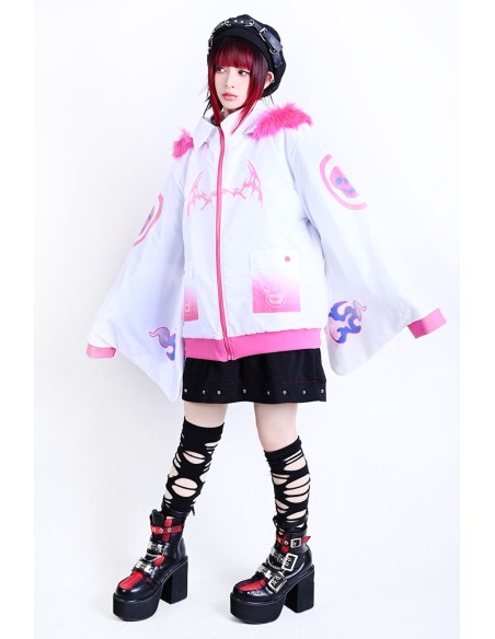 Cyber Fire Hooded Windbreaker Jacket in White x Pink - Jill Punk