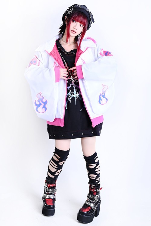 Cyber Fire Hooded Windbreaker Jacket in White x Pink - Jill Punk
