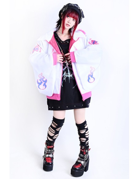Cyber Fire Hooded Windbreaker Jacket in White x Pink - Jill Punk