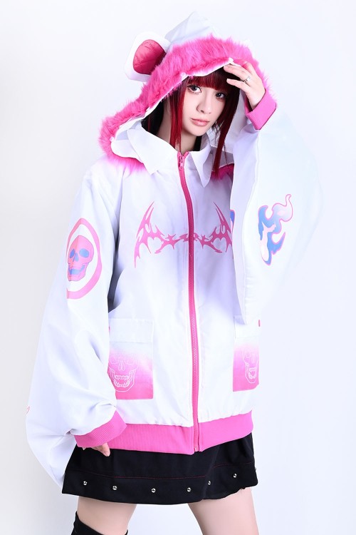 Chaqueta Cortavientos con Capucha Cyber Fire en Blanco x Rosa - Jill Punk