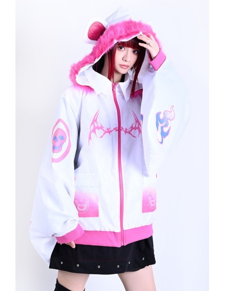 Chaqueta Cortavientos con Capucha Cyber Fire en Blanco x Rosa - Jill Punk