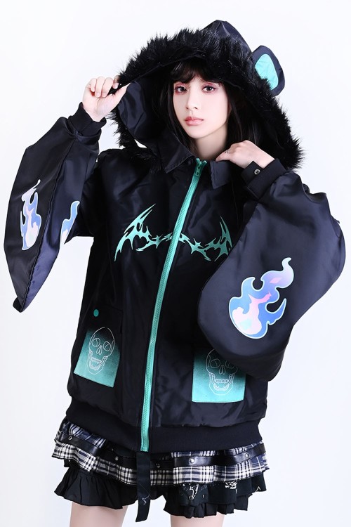 Chaqueta Cortavientos con Capucha Cyber Fire en Negro x Aqua - Jill Punk