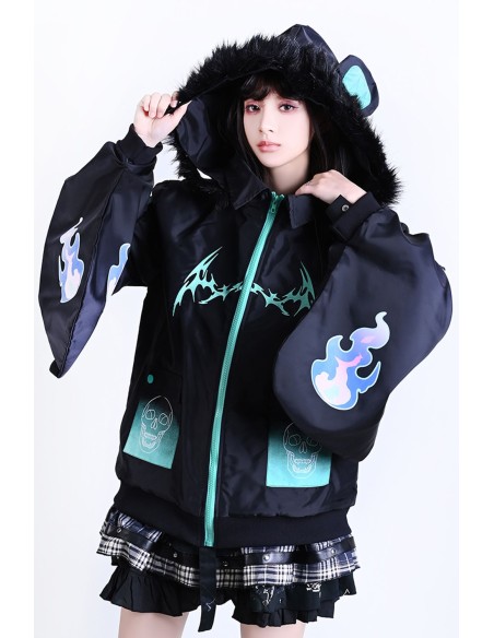 Chaqueta Cortavientos con Capucha Cyber Fire en Negro x Aqua - Jill Punk
