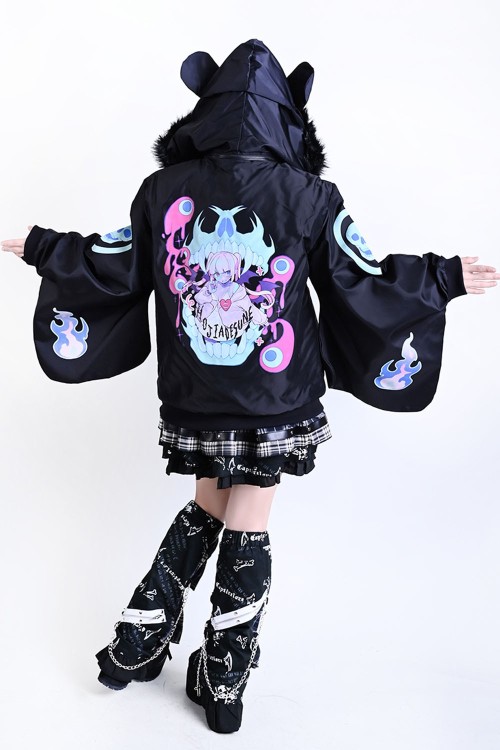 Cyber ​​Fire Hooded Windbreaker Jacket in Black x Aqua - Jill Punk