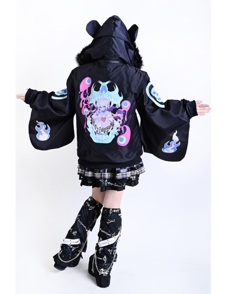 Chaqueta Cortavientos con Capucha Cyber Fire en Negro x Aqua - Jill Punk