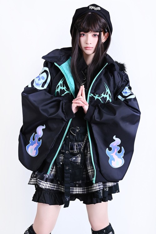 Chaqueta Cortavientos con Capucha Cyber Fire en Negro x Aqua - Jill Punk