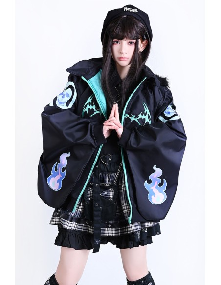 Chaqueta Cortavientos con Capucha Cyber Fire en Negro x Aqua - Jill Punk