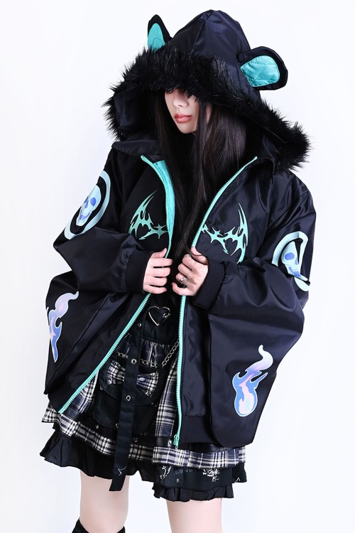 Chaqueta Cortavientos con Capucha Cyber Fire en Negro x Aqua - Jill Punk