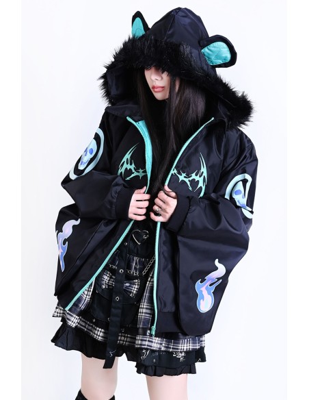 Cyber ​​Fire Hooded Windbreaker Jacket in Black x Aqua - Jill Punk
