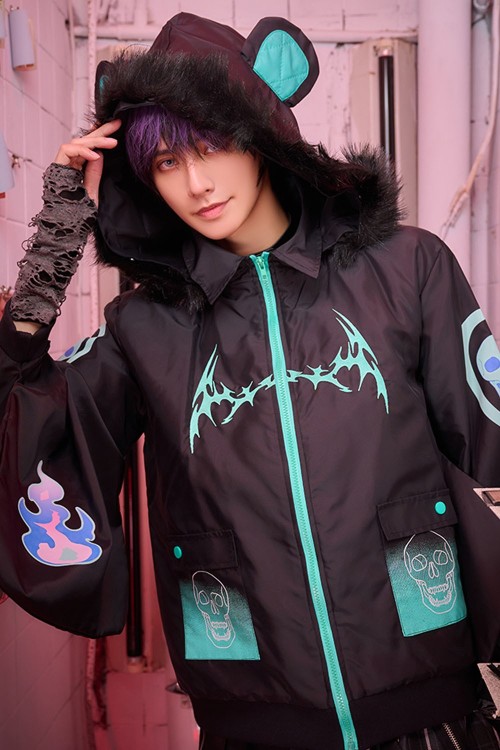 Chaqueta Cortavientos con Capucha Cyber Fire en Negro x Aqua - Jill Punk
