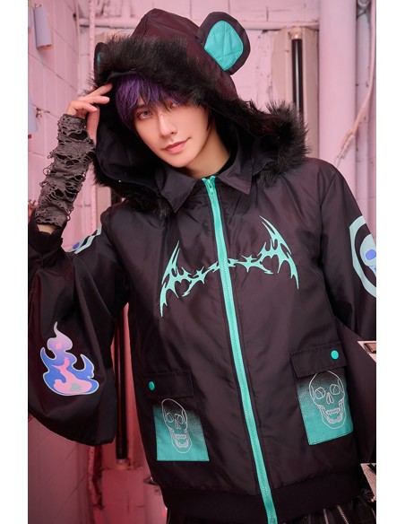 Chaqueta Cortavientos con Capucha Cyber Fire en Negro x Aqua - Jill Punk