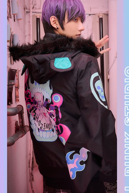 Cyber ​​Fire Hooded Windbreaker Jacket in Black x Aqua - Jill Punk