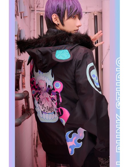Cyber ​​Fire Hooded Windbreaker Jacket in Black x Aqua - Jill Punk