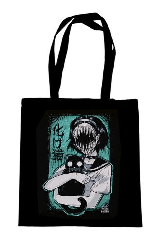 Bakeneko Black Cotton Tote Bag in Mint - Pinku Kult