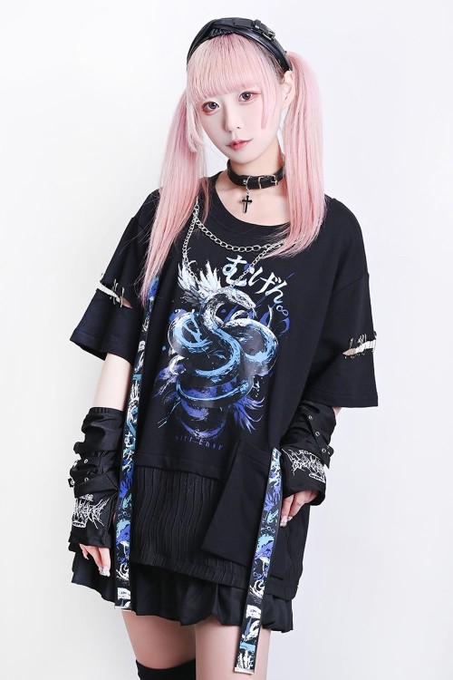 Camiseta Oversized Immortal Snake en Negro x Azul - Jill Punk