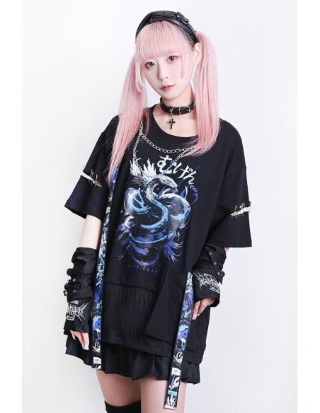 Immortal Snake Oversized T-shirt in Black x Blue - Jill Punk