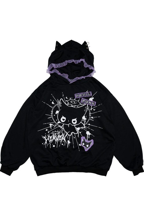 Oversized Devil Punk Sweatshirt in Black x Purple - ACDC RAG