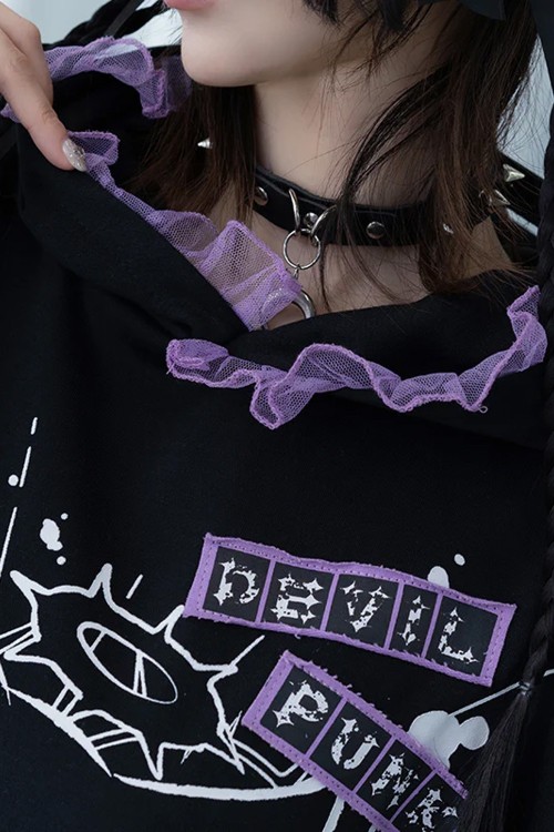 Oversized Devil Punk Sweatshirt in Black x Purple - ACDC RAG