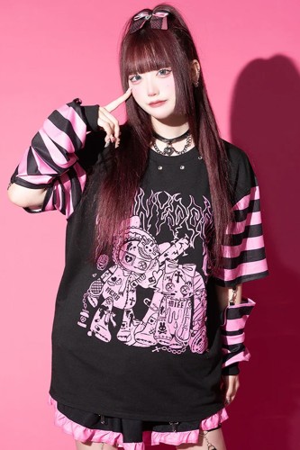 Camiseta Oversized Punky Bunny en Negro x Rosa - ACDC Rag