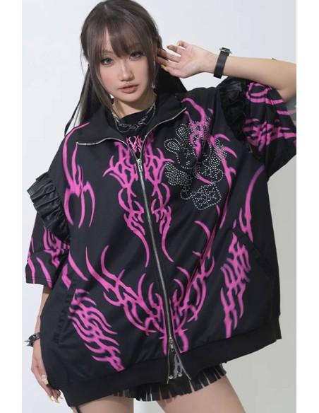 Nightmare Oversized Short Sleeve Jacket in Black x Fuchsia - ACDC RAG