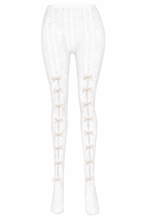 Medias Floral Lace Bows en Blanco x Beige