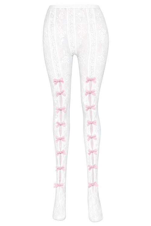 Floral Lace Bows Tights in White x Pink