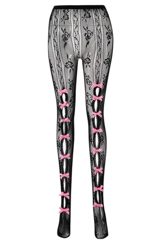 Floral Lace Bows Tights in Black x Pink