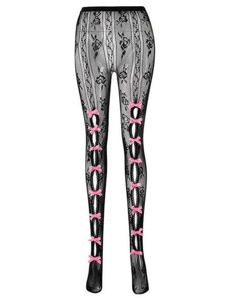 Floral Lace Bows Tights in Black x Pink