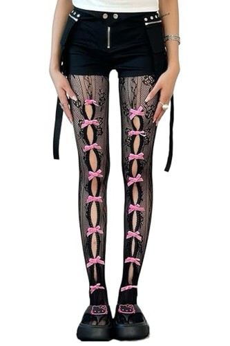 Floral Lace Bows Tights in Black x Pink 2