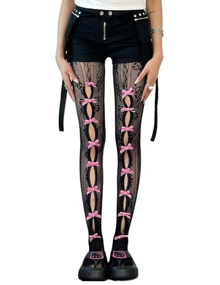 Floral Lace Bows Tights in Black x Pink
