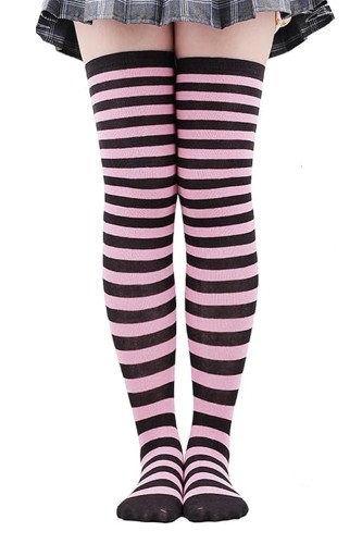 Striped Knee-High Socks - Pink x Black