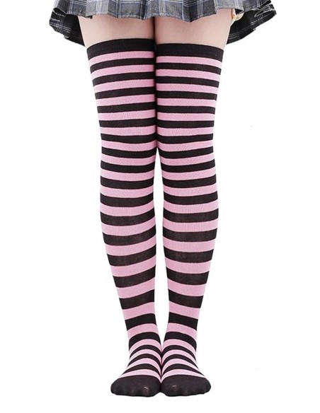 Striped Knee-High Socks - Pink x Black