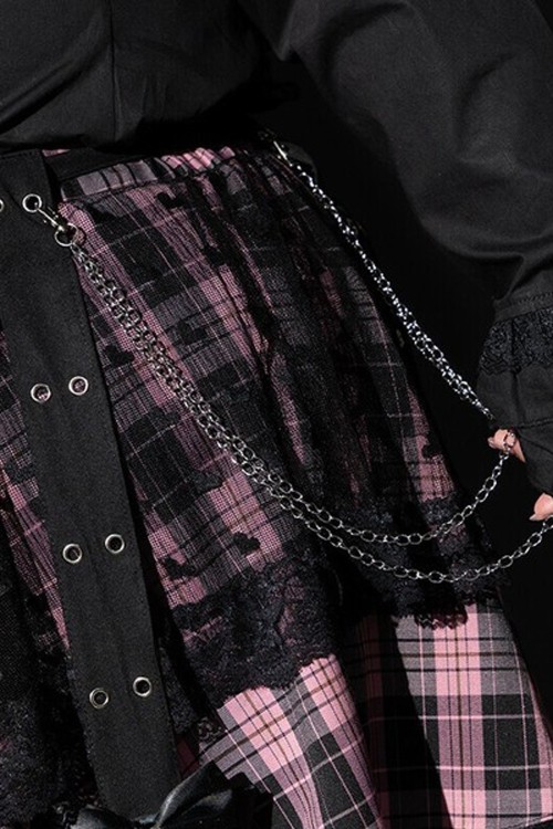 Love Punk Tartan Skirt in Black x Pink (Plus Size) - ACDC RAG