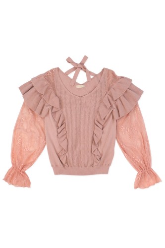 [2a mano] Top de Punto con Mangas de Encaje Floral en Rosa Dusty - Axes Femme