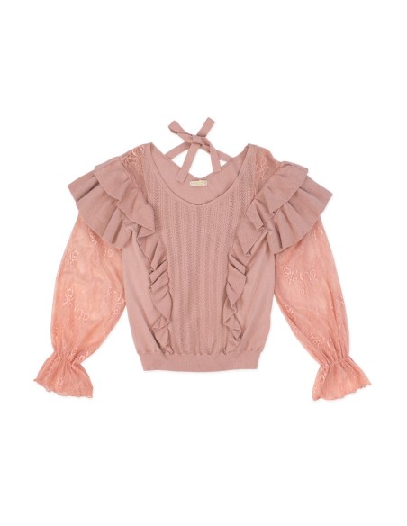 [2a mano] Top de Punto con Mangas de Encaje Floral en Rosa Dusty - Axes Femme