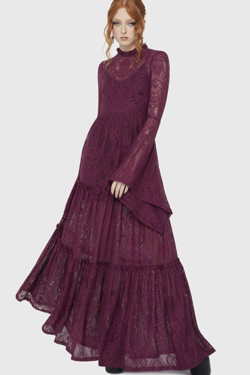 Hecate Lace Maxi Dress in Plum- Killstar