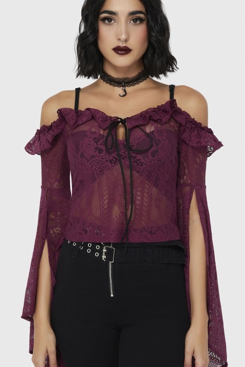 Breathless Lace Bardot Top in Crimson - Killstar