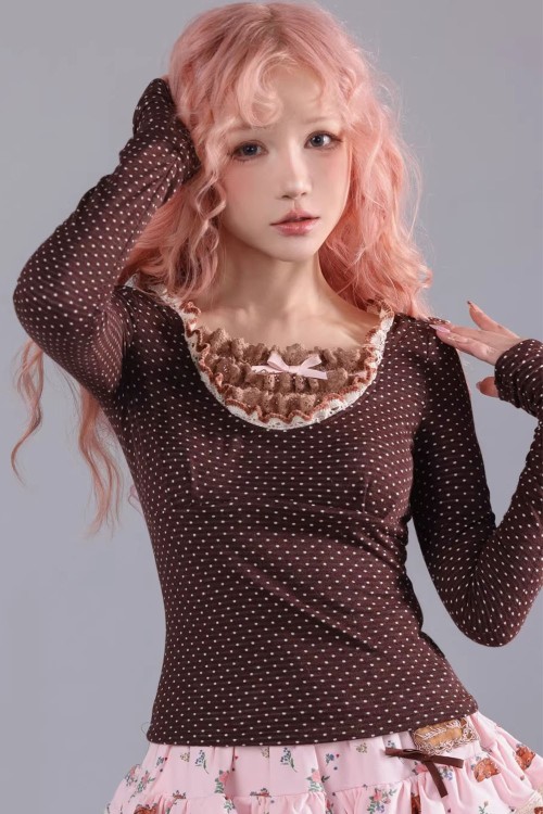 Dark Chocolate Polka Dot Long Sleeve Top - Rose Island