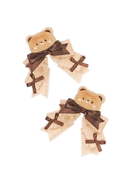 Set of 2 Teddy Bear Plush Hairclips in Brown