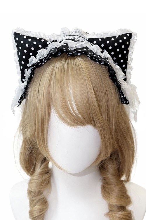 Headdress Lolita Polka Dot Kitty en Negro x Blanco