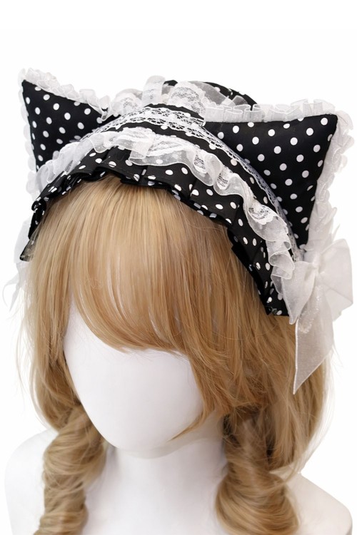 Headdress Lolita Polka Dot Kitty en Negro x Blanco