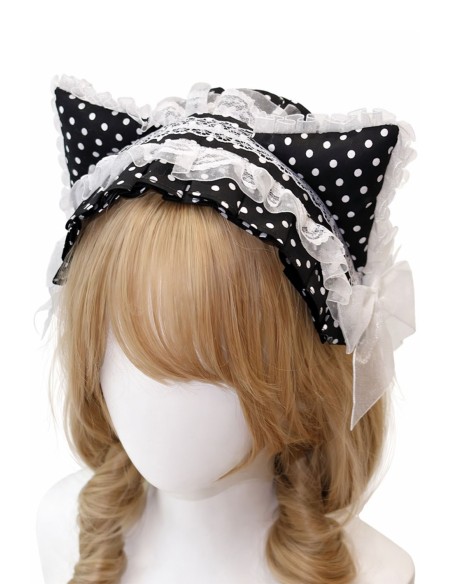 Headdress Lolita Polka Dot Kitty en Negro x Blanco