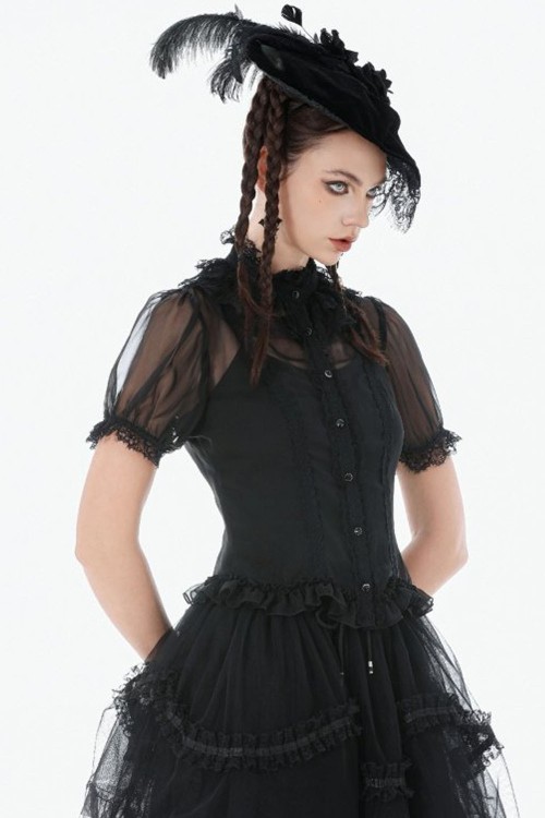 Courtly Sheer Chiffon Blouse in Black - Dark in Love