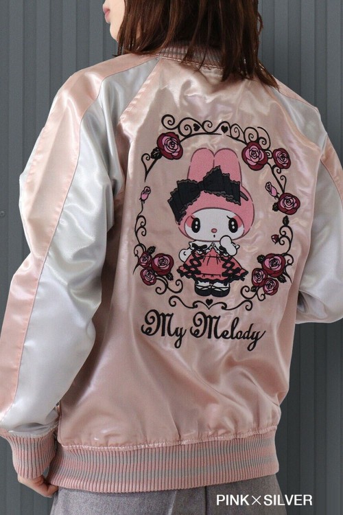 My Melody Rose Jirai Embroidered Sukajan Bomber Jacket - Pink x Silver