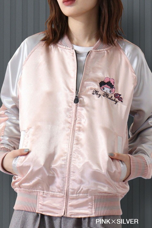 My Melody Rose Jirai Embroidered Sukajan Bomber Jacket - Pink x Silver