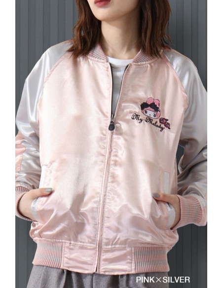 My Melody Rose Jirai Embroidered Sukajan Bomber Jacket - Pink x Silver