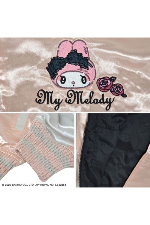 My Melody Rose Jirai Embroidered Sukajan Bomber Jacket - Pink x Silver