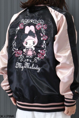 My Melody Rose Jirai Embroidered Sukajan Bomber Jacket - Black x Pink
