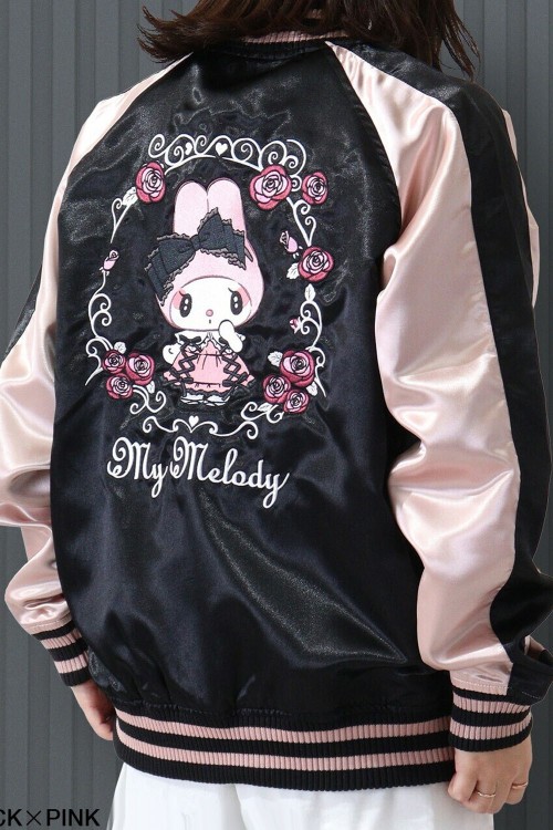 My Melody Rose Jirai Embroidered Sukajan Bomber Jacket - Black x Pink