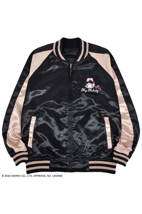 My Melody Rose Jirai Embroidered Sukajan Bomber Jacket - Black x Pink
